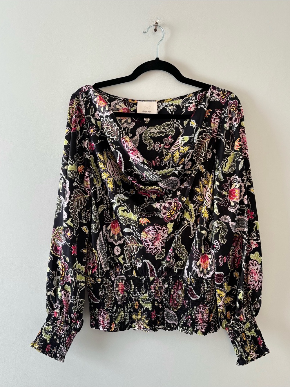 Cinq A Sept Silk Rayna Floral Cowl Neck Top Blouse Drape Cinch Black Print